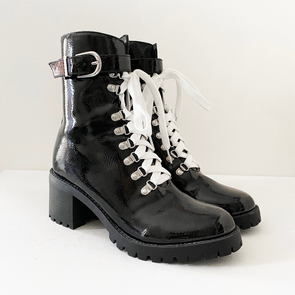 Black Patent Laced Up Combat Boots